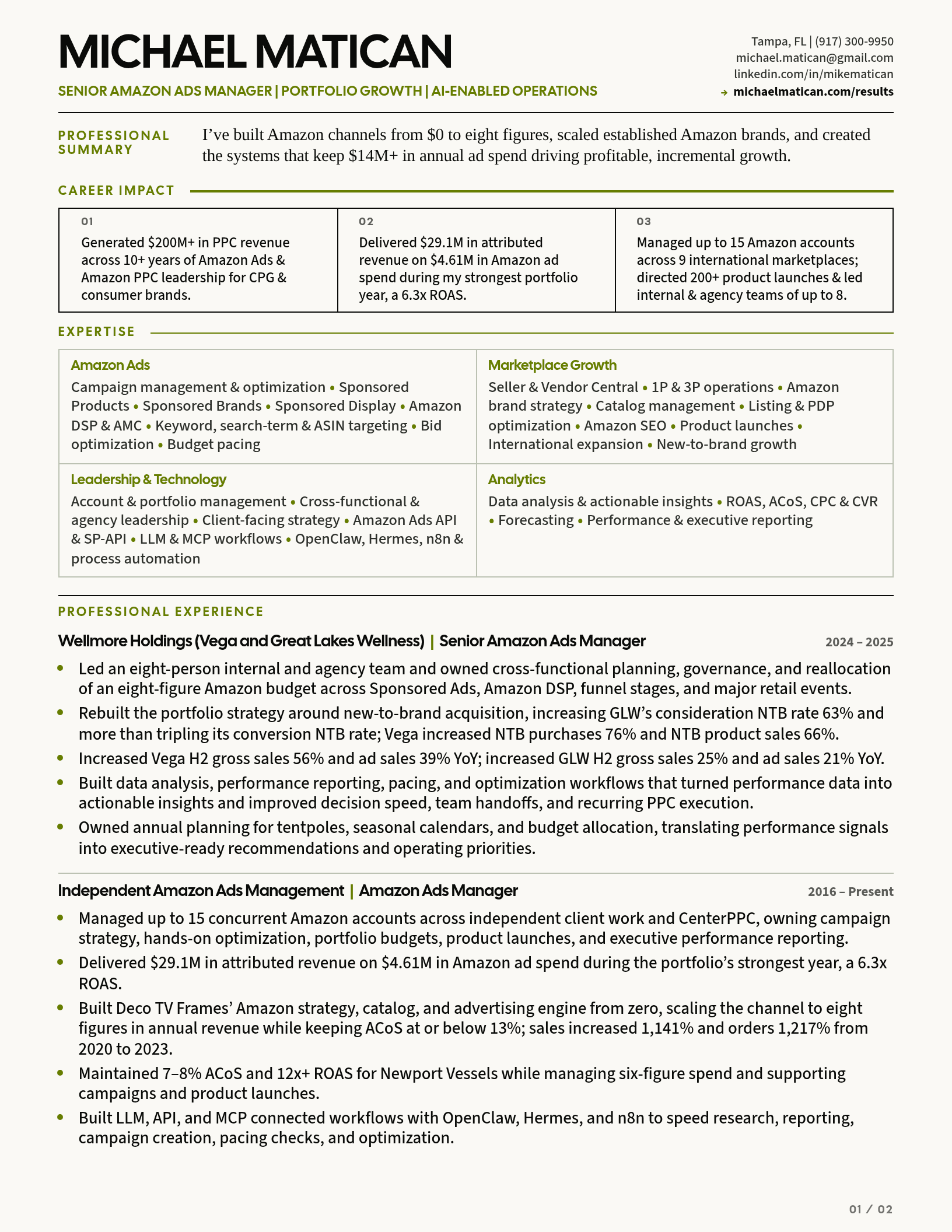 Michael Matican résumé, page 1 of 2
