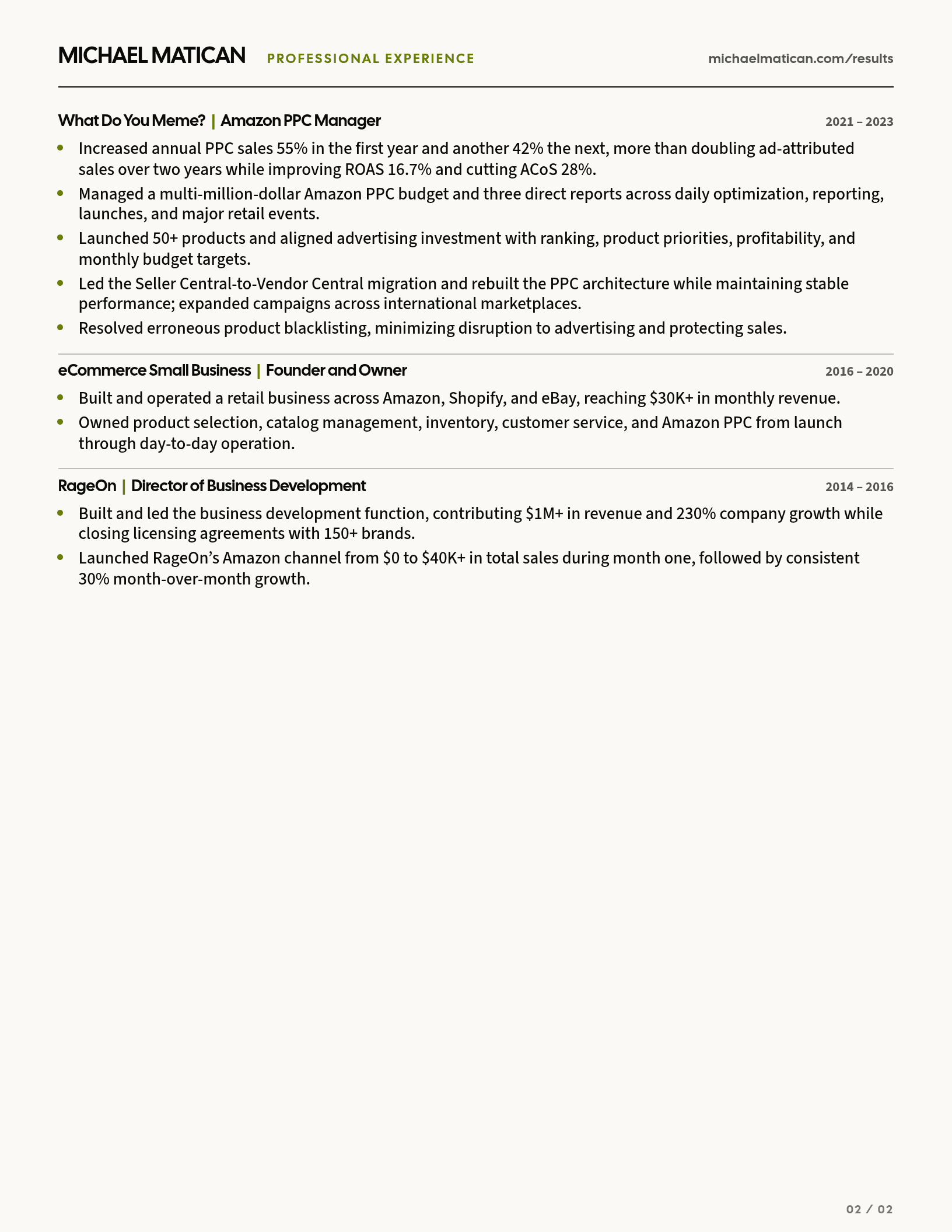 Michael Matican résumé, page 2 of 2